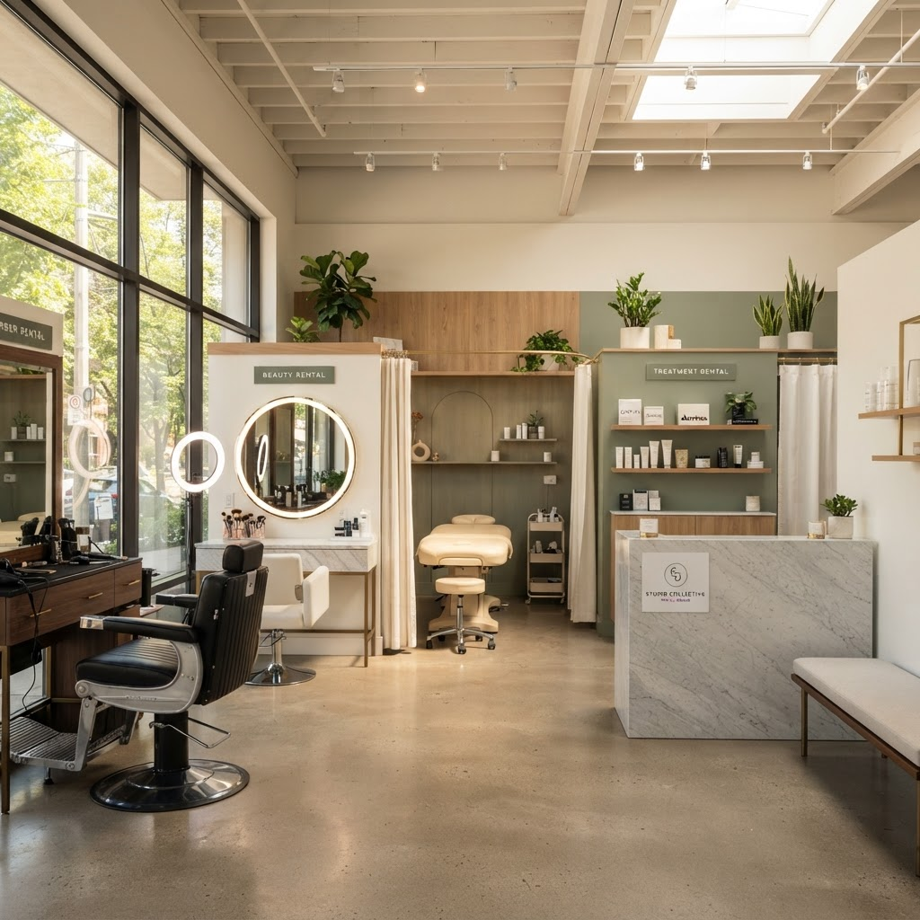 A row of stylish rental chairs and workstations in a modern studio
